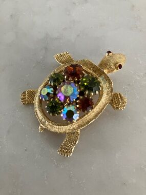 Gold Turtle Brooch with Multi-Colored Rhinestones